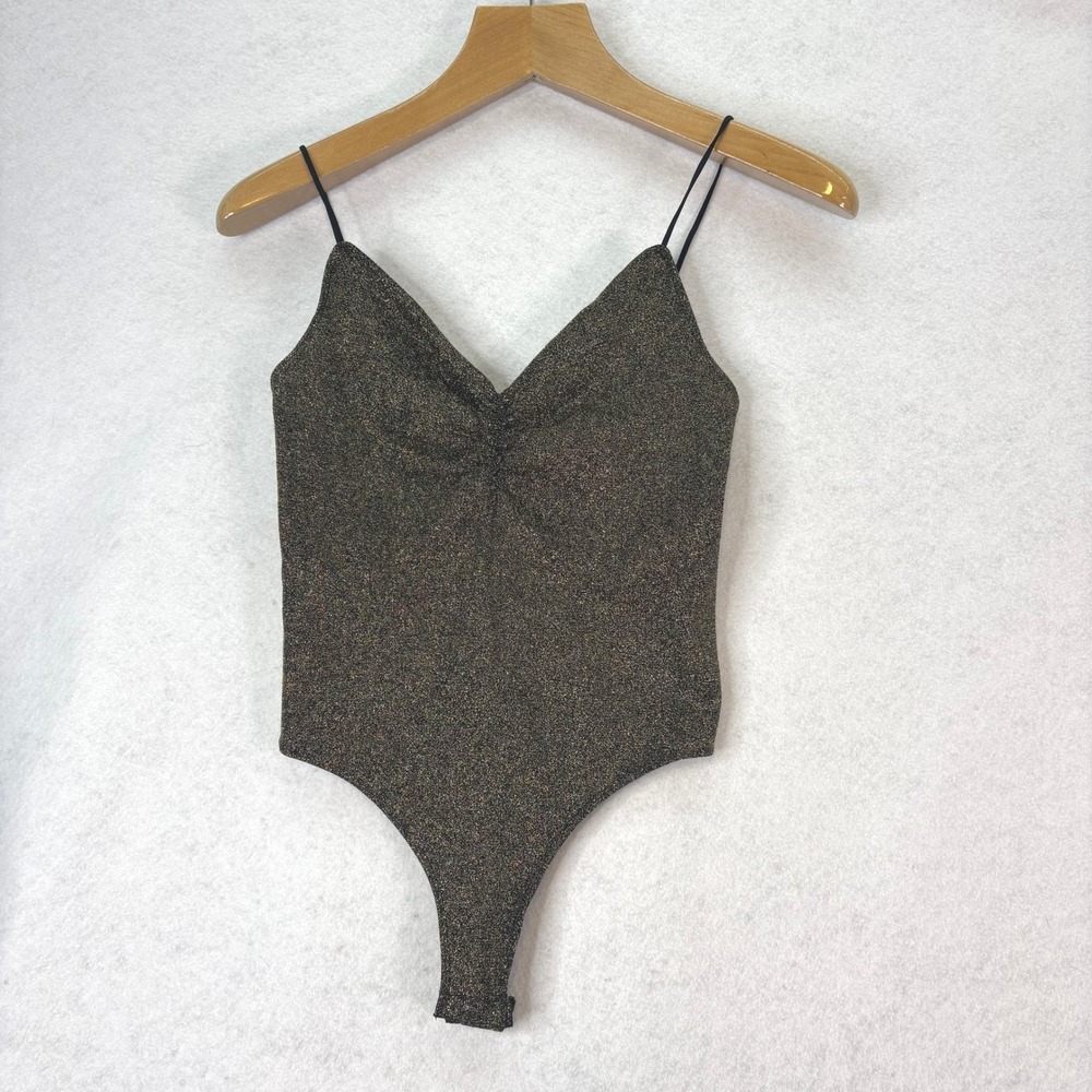 Anthropologie Gold Metallic Ruched‎ V-Neck Bodysuit Womens L/XL Glam Night Out